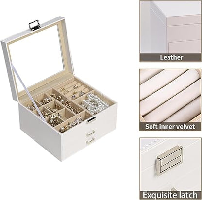 BOOVO Clear Lid Jewelry Box,3 Layers Jewelry Organizer Large Multi-Functional Jewelry Storage Box with 2 Drawers,Jewelry Display Case of Rings Earrings Necklace Bracelets for Women Girls (White)