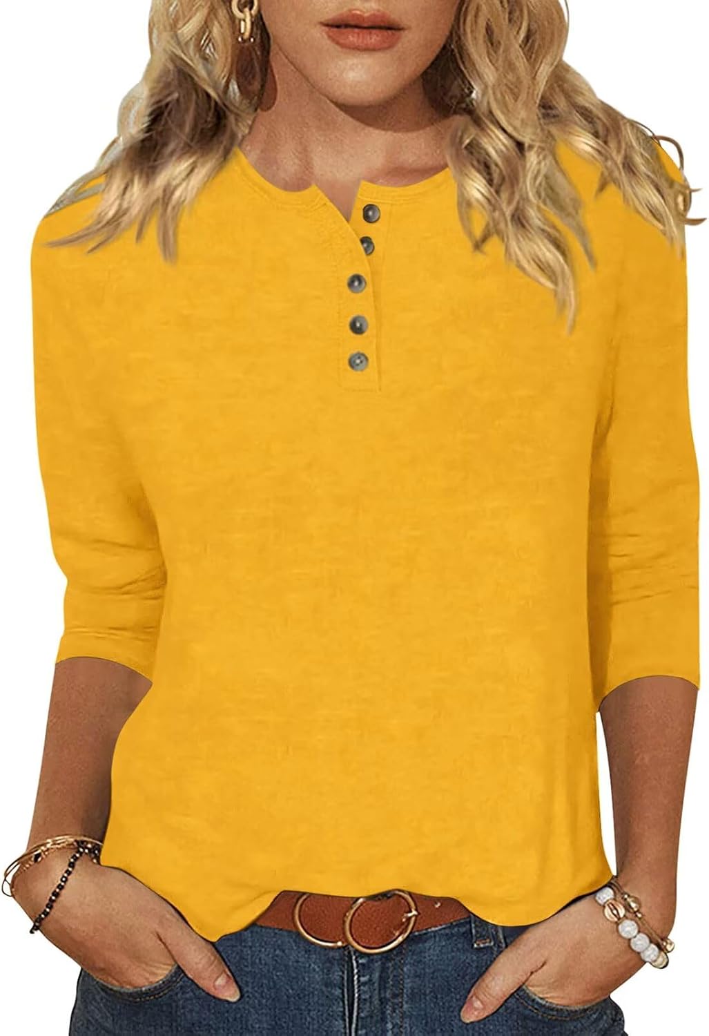 EADINVE Womens Crew Neck 3/4 Sleeve Tops Basic Button T-Shirts Solid Loose Cute Tunic Tee Blouses Fit Pullover