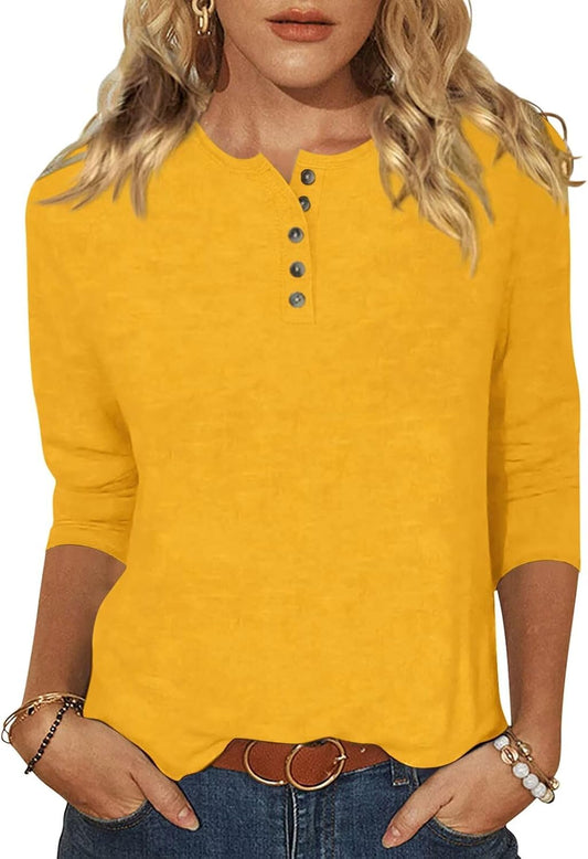 EADINVE Womens Crew Neck 3/4 Sleeve Tops Basic Button T-Shirts Solid Loose Cute Tunic Tee Blouses Fit Pullover