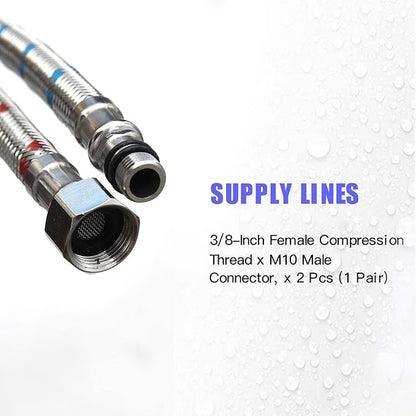 Flexible Connector Braided Stainless Steel Bathroom Faucet Supply Lines Bathroom Kitchen Faucet Hose 24" Length 3/8 -Inch Female Compression Thread x M10 Male Connector x 2 Pcs (1 Pair)