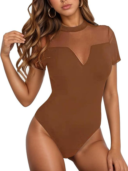 Jenbou Women's Sexy Mesh Cutout V Short Sleeve Shirts Sheer Turtle Neck Body Suits Leotard Going Out Bodysuits Tops