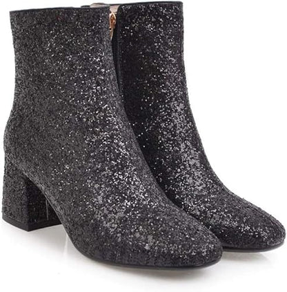Elyffany Womens Mid Block Heel Glitter Ankle Boots Ladies Zipper Party Prom Booties