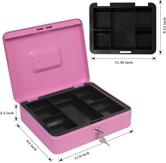 Steel Cash Box with Key Lock, Metal Small Money Organizer with Money Tray,Cash Storage Box with Lockable Cover (Pink - 11.8" x 9.4" x 3.5")