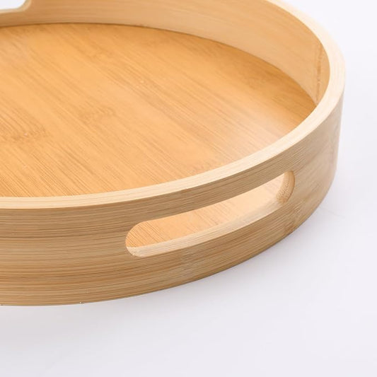 12 inch Round Serving Wooden Tray with Handles, Bamboo Decorative Ottoman Tray Serving for Serving Beverages  Food on Bar Living Room Home Dining Table.