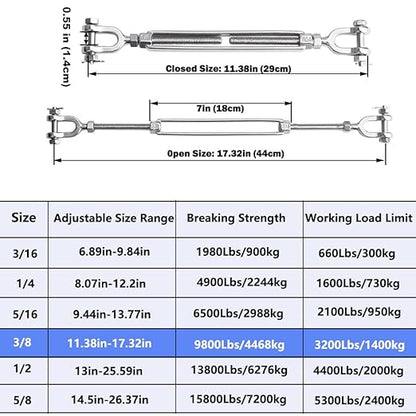 Turnbuckle 38 M10 304 Stainless Steel Turnbuckle, 3200 lbs Working Load Limit, Jaw and Jaw Turnbuckles for Cables Wire Tensioner, Turnbuckle for Shade Sail, Yard Zipline