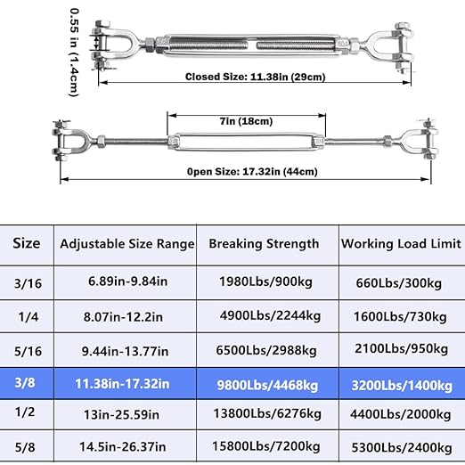Turnbuckle 3/8 M10 304 Stainless Steel Turnbuckle, 3200 lbs Working Load Limit, Jaw and Jaw Turnbuckles for Cables Wire Tensioner, Turnbuckle for Shade Sail, Yard Zipline