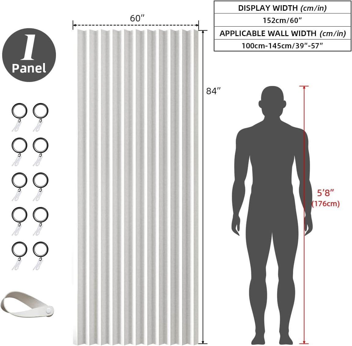 Treatmentex Folding Pleated Extra Wide Room Divider Blackout Curtains for Living Room Bedroom, White Full Blackout Curtains with Hooks for Patio Door, Wall Closet, 60"x84" 1 Panel, Accordion Style