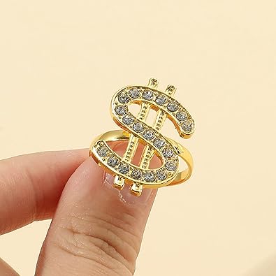 Ring, Crystal Dollar Sign Ring Money Symbol Ring Hip Hop Jewelry Rapper Punk Costume Props Golden Adjustable Open Ring