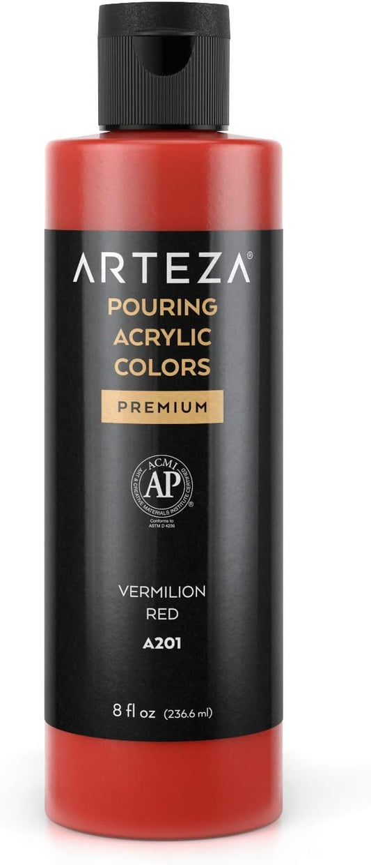 ARTEZA Acrylic Pouring Paint, 8 oz (236 ml), A201 Vermilion Red, High-Flow Acrylic Paint, No Mixing Needed, Paint for Pouring on Canvas, Glass, Paper, Wood, Tile, and Stones