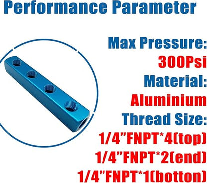 Economic 4 Way 7 Port Air Manifold 1/4" NPT Female Thread Inport and Outport Aluminum Blue 1Pcs