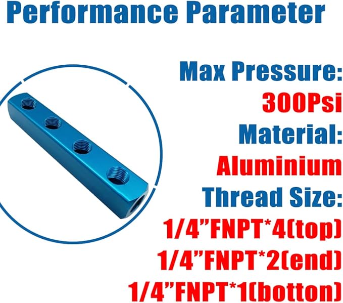 Economic 4 Way 7 Port Air Manifold 1/4" NPT Female Thread Inport and Outport Aluminum Blue 1Pcs