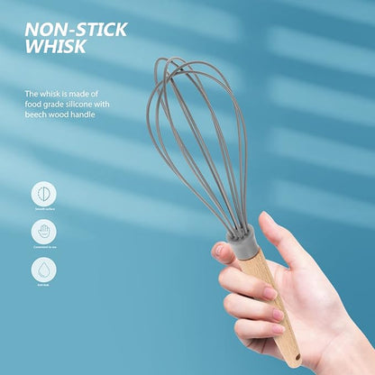 Premium Whisk Silicone Whisk Baking Tools with Beechwood Handle Non-stick Whisk Heat Resistant Whisk