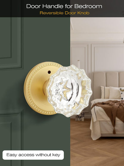 1 Pack Glass Door Knobs Interior, Door Locks for Bedroom, Bathroom Gold, Keyless Privacy Door Levers, Clear Crystal Door Knobs, Universal for Left & Right Sided Doors