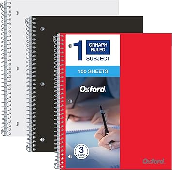 Oxford 1 Subject Graph Notebook - Pack of 3 Quad Ruled (4 X 4) - 8.5 x 11 Grid Paper Notebook - Black Red, And White Covers, 100 Perforated Sheets - For Math, Drawing, And Engineering
