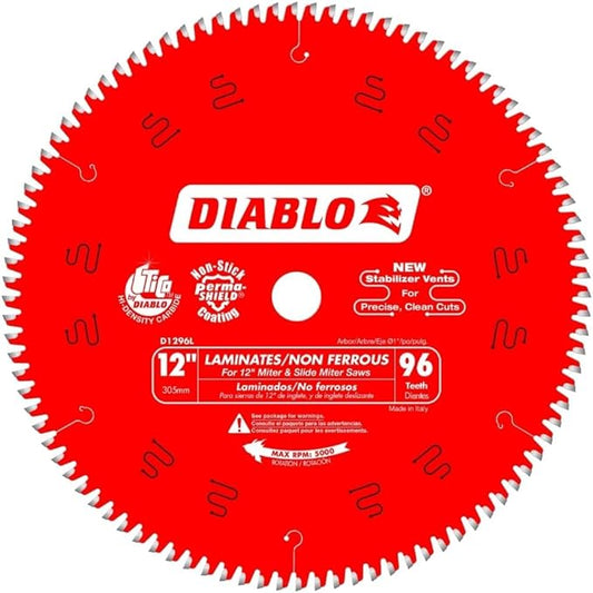 Diablo Saw Blade for Laminates and Non-Ferrous Metals - 12" Diameter, 96 TCG Teeth, 1" Arbor, .098" Kerf, 5 Hook Angle, .071" Plate, 5000 Max RPM - D1296L