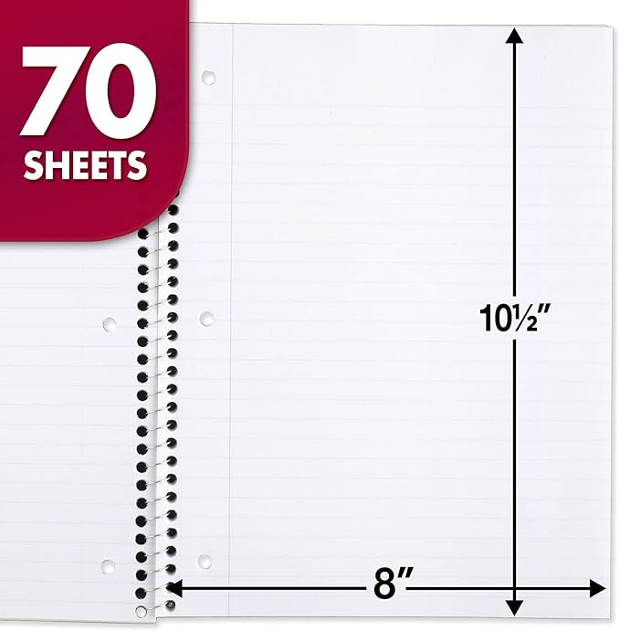 Mead Spiral Notebook, 4 Pack, 1-Subject, Wide Ruled Paper, 7-12" x 10-12", 70 Sheets per Notebook, Colors Will Vary (72873)