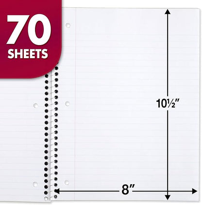 Mead Spiral Notebook, 4 Pack, 1-Subject, Wide Ruled Paper, 7-12" x 10-12", 70 Sheets per Notebook, Colors Will Vary (72873)