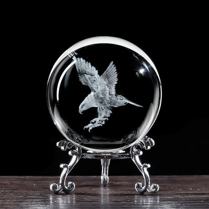 3D Engraved Eagle Crystal Ball with Stand Laser Etched Glass Eagle Figurine Carving Crystal Sphere Paperweight(2.4 in)