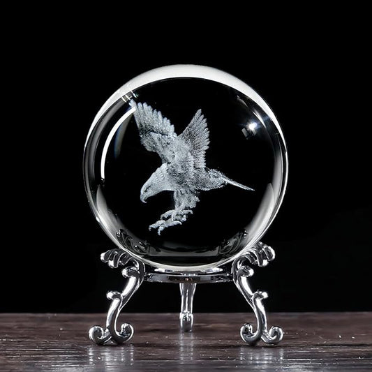 3D Engraved Eagle Crystal Ball with Stand Laser Etched Glass Eagle Figurine Carving Crystal Sphere Paperweight(2.4 in)