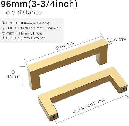 Cabinet Pulls Gold Cabinet Handles Square Drawer Pulls, 2 Pack 3-34 Inch Stainless Steel Kitchen Door Cupboard Cabinet Handles, Drawer Hardware Handles, 96mm Hole Centers