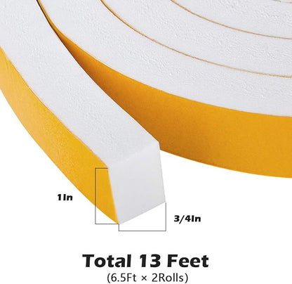 White Door Window Weather Stripping Self Adhesive Foam Tape 1 in  34 in  13 Ft, High Density Foam Sealing Strip Window Insulation Weatherproof Gasket Tape for Doors and Windows