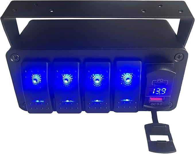 4 Gang Marine Boat Rocker Switch Box 12V SPST Aluminum Rocker Switch Panel PD Type C and QC 3.0 USB Charger Voltmeter Waterproof Switch with Panel DIY Stickers for RVs Boats Trucks