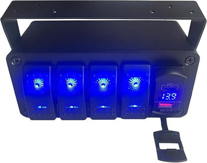 4 Gang Marine Boat Rocker Switch Box 12V SPST Aluminum Rocker Switch Panel PD Type C and QC 3.0 USB Charger Voltmeter Waterproof Switch with Panel DIY Stickers for RVs Boats Trucks