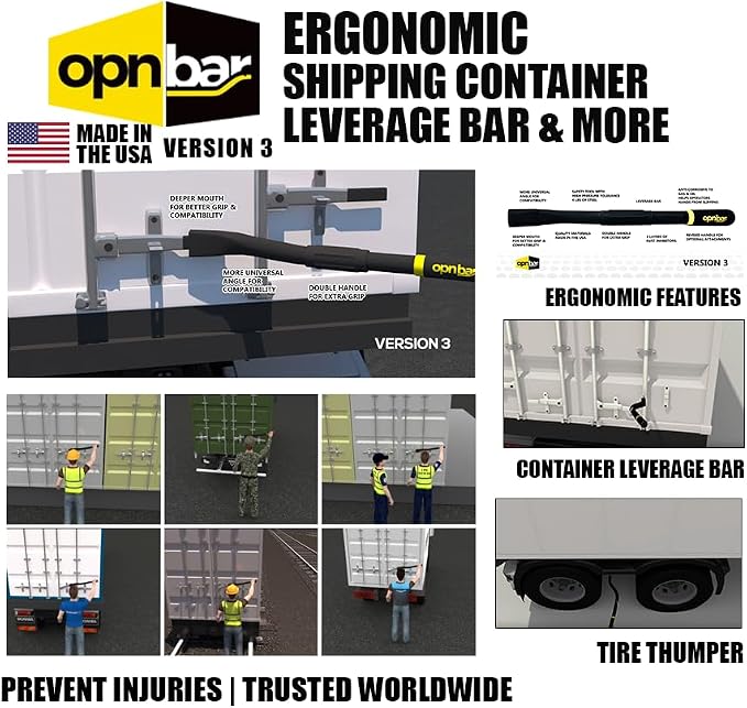OPNBar Version 3 (1 Pack) Large Mouth Leverage Bar - for Shipping Container Doors - with SaferGrip Gloves - No 5th Wheel Release - Made in The USA by SCS International