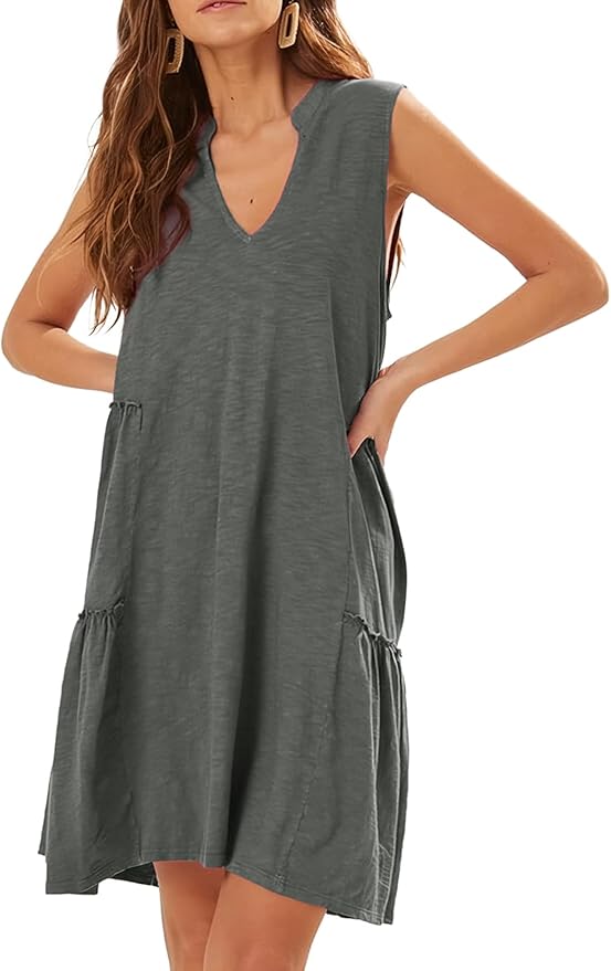 KevaMolly Women 2024 Sleeveless Dresses Casual Ruffle Tiered V Neck Mini Dress A-Line Dresses