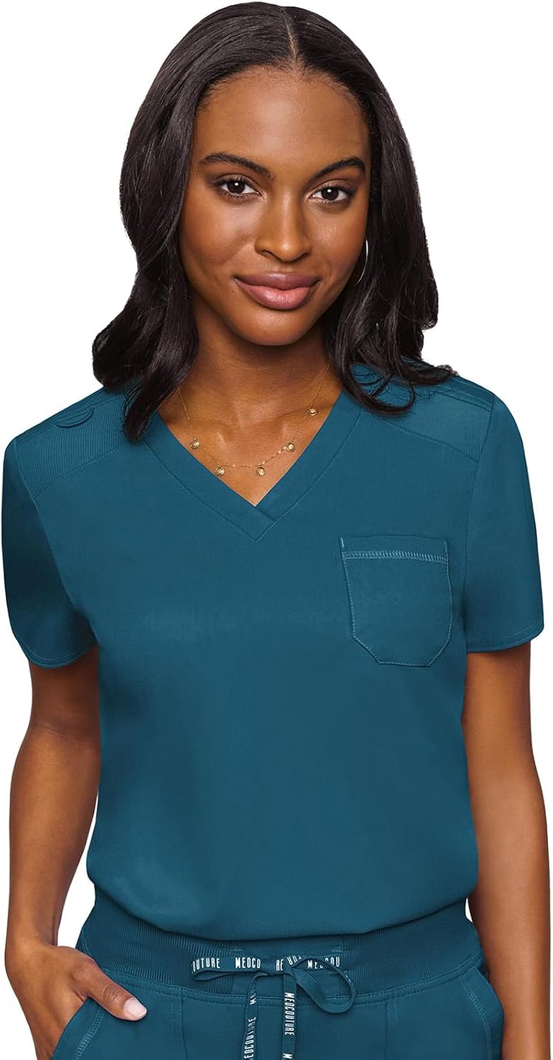 Women's V-Neck Scrub Top, Modern Fit Tuck-in Top with Stretchy Rib-Knit Shoulders and Chest Pocket - MC7448
