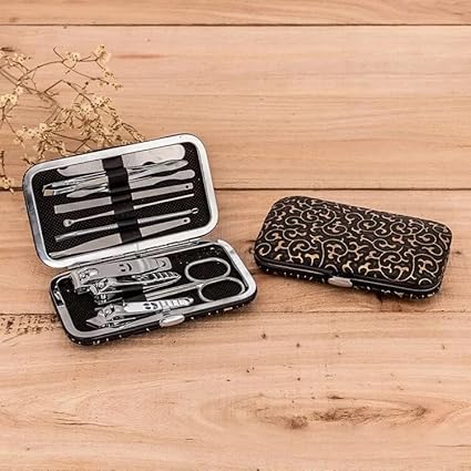 Manicure Set with Nail Clippers, Scissors, Files and Polish Remover, Black, Chrome