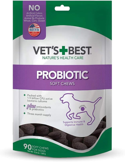 Vets Best Probiotic Soft Chews for Dogs  Daily Digestive Support Supplement with Prebiotics for Gut Health  Natural Dog Chews for Healthy Digestion and Immunity  90 Count