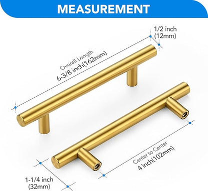 Brushed Brass Cabinet Handles 4 Inch Hole Spacing, Stainless Steel Drawer Pulls for Cabinets, Kitchen, Bathroom, Dresser 5 Pack