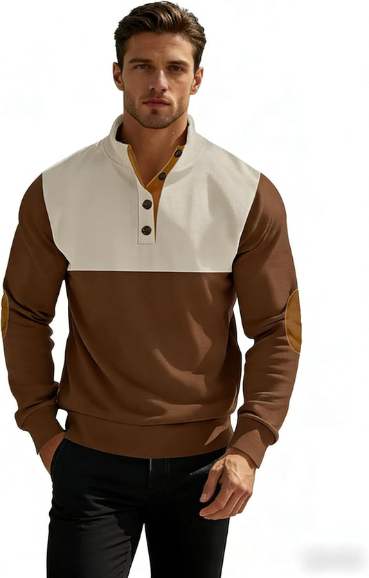 Size Small, Men's Corduroy Color Block Sweatshirt, Stand Collar Button Pullover Casual Long Sleeve Fall Top.