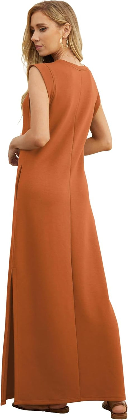 GRECERELLE 2026 Women Year-Round Casual Round Neck Loose Split Wrinkle-Free Long Maxi Vacation Dress with Pockets (XXS-4XL)