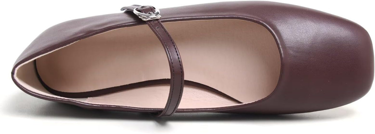 Brown Not Coffee Color TN TANGNEST Women's Leather Flats Square Toe Dress Flats | Retro Soft Mary Jane Flats, Breathable Lightweight Ballet Flats with Adjustable Strap, Comfort Casual Work Shoes