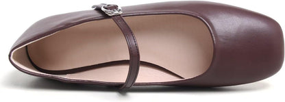 Brown Not Coffee Color TN TANGNEST Women's Leather Flats Square Toe Dress Flats | Retro Soft Mary Jane Flats, Breathable Lightweight Ballet Flats with Adjustable Strap, Comfort Casual Work Shoes