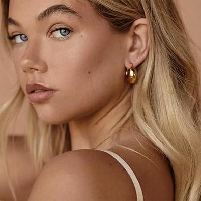 JeanBeau Gold Plated Chunky Hoop Earrings for Women, Trendy Statement Thick Hollow Lightweight Huggie Hypoallergenic Earing Jewelry Gift