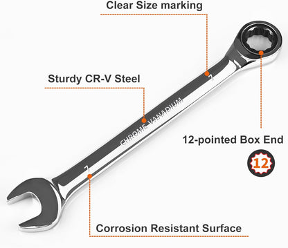 Egofine 7mm Ratcheting Combination Wrench Metric, Industrial Grade Gear Spanner with 12-Point Design, 72-Tooth Ratchet, Chrome Vanadium Steel