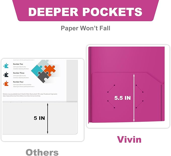 ViVin Sturdy Plastic Folders with Pockets and Prongs,12-Pack, 3-Prong Fasteners Folders with 2 Pockets, Holds US Letter Size Paper, for SchoolOfficeHome (Purple)