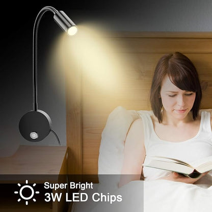 ERAY Plug-in LED Wall Mount Reading Light with 15" Flexible Gooseneck  USB Charging Port Dimmable Focused Bedside Reading Lights Black-1 Pack