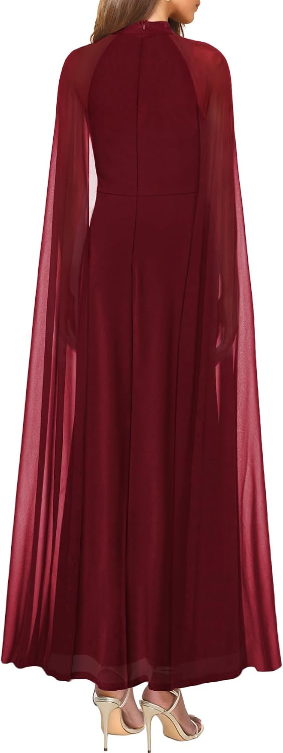 Aisbei Women's Elegant Mock Neck Slit A Line Flowy Maxi Dress Evening Gowns Party Formal Wedding Guest Dresses with Cape