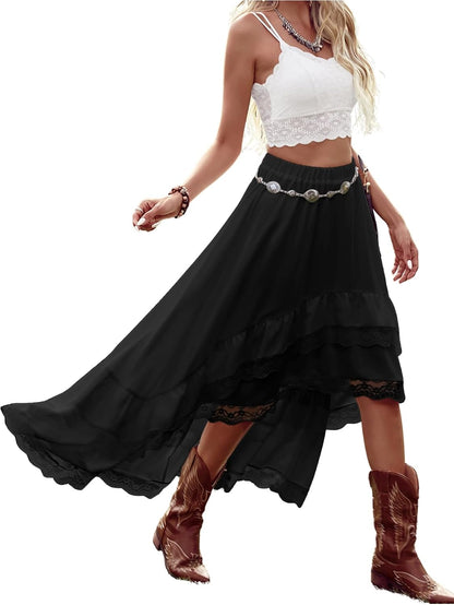 Verdusa Women's Western Cowgirl Lace Skirt Boho Asymmetrical Skirts Country Concert Outfits