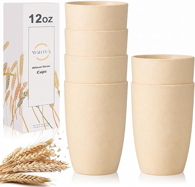 Wrova Wheat Straw Cups 6 PCS Good Alternative to Plastic Reusable Cups 12 oz Unbreakable Drinking Cup Reusable Dishwasher Safe Water Plastic Glasses Beige
