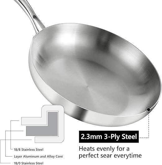 LOLYKITCH 12 Inch Tri-ply 18/8 Stainless Steel Chef's Pan,Frying Pan with Lid,Skillet,Induction Cooking Pan,Pot and Pan Set,Dishwasher and Oven Safe,Detachable Handle.