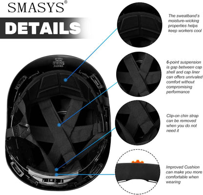 SMASYS Safety Hard Hat ABS Helmet Adjustable with Visor 6-Point Suspension Perfect for Construction and Climbing