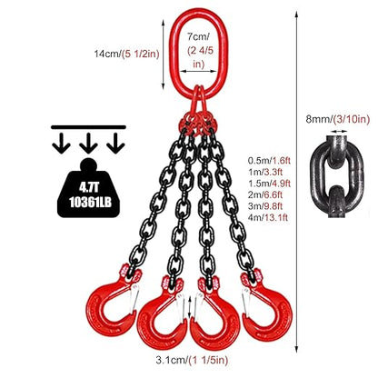Lifting Slings Heavy Duty Chain, 1 3 5 6 10 13 Feet Quad Leg Lifting Chains with Locking Hooks, Mn Steel Heavy Duty Lifting Chain Link for Engine Hoist(Load 4.7 Ton L 4 M (13.1 FT) 4 Hook)