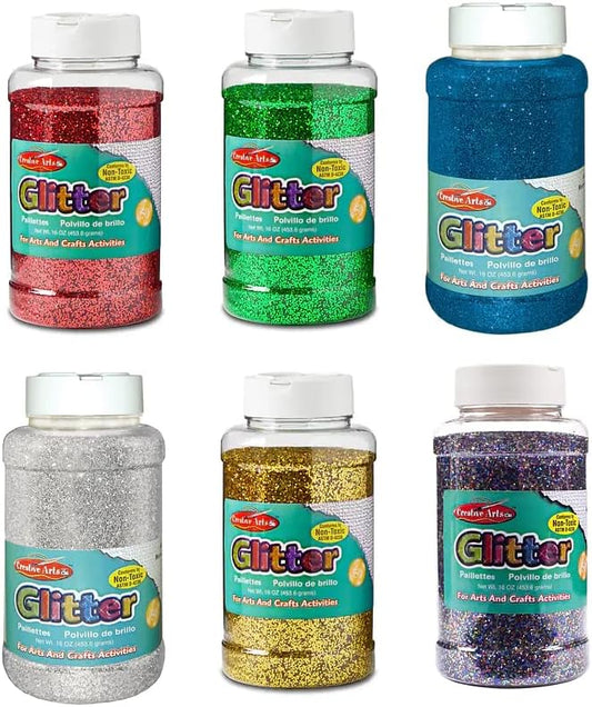 Creative Arts by Charles Leonard 1 lb Assorted Colors, Craft Glitter Shakers 6 Colors Pack, Gold, Silver, Multi, Red, Blue, Green