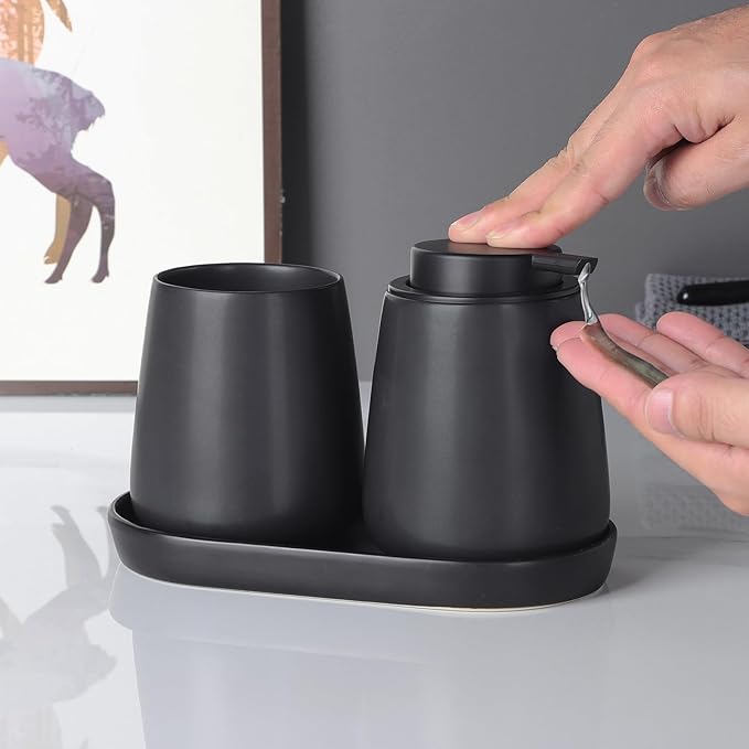 Matte Black Round Soap Dispenser Tray - 8'' Ceramic Vanity Tray for Bathroom Decorative, Jewelry Ring Dish, Comestic Holder, Kitchen Sink Countertop Organizer Plate (Black Scales)