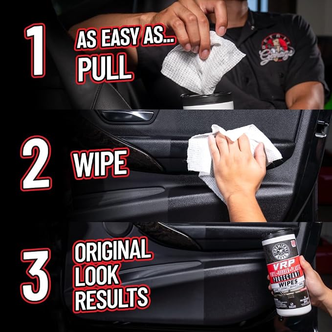 Chemical Guys, VRP Vinyl, Rubber & Plastic Shine Canister Wipes, 30 Count Pre-moistened wipes dress and protect vinyl, rubber and plastic on trim, dashboards and tires, thirty per pack